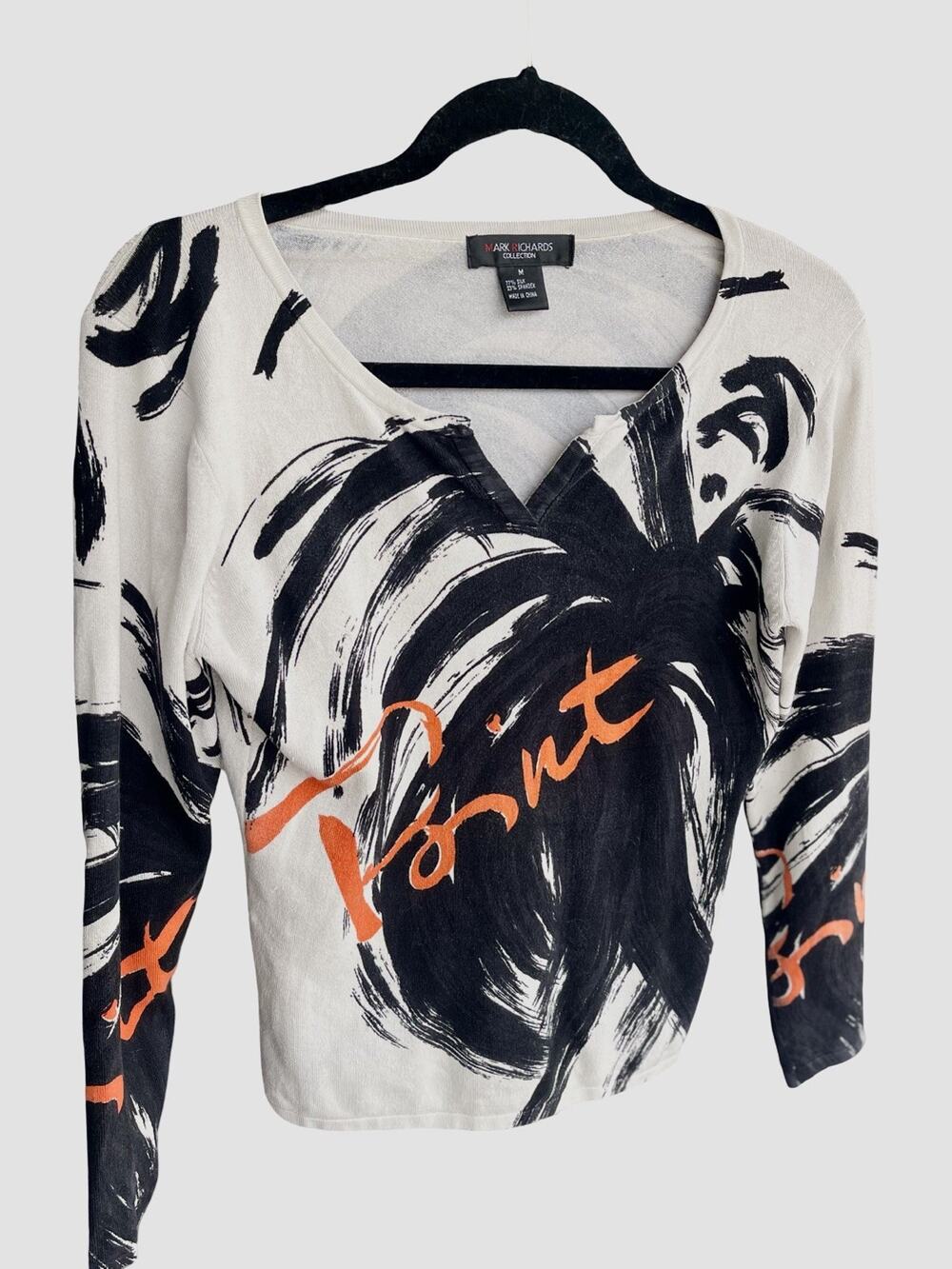 Mark Richards Silk Artistic Modern Long Sleeve V-Neck Paint Sweater Abstract Med
